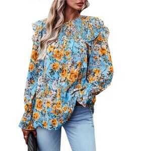 EPretty Blouse Size Small Floral Smocked Long Sleeve Ruffle Blue Yellow Boho NEW